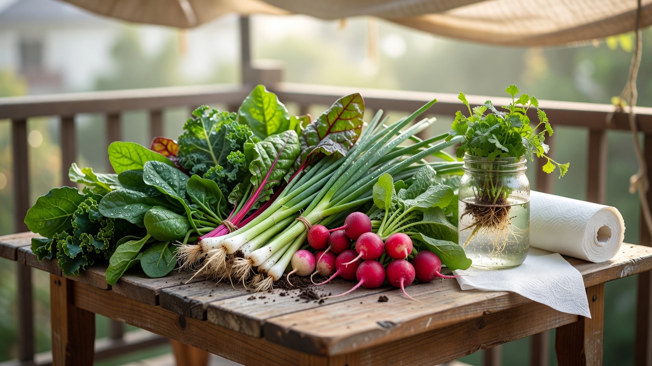 阳台木桌上摆放的新鲜叶菜、小葱与储存用的保鲜袋和厨房纸